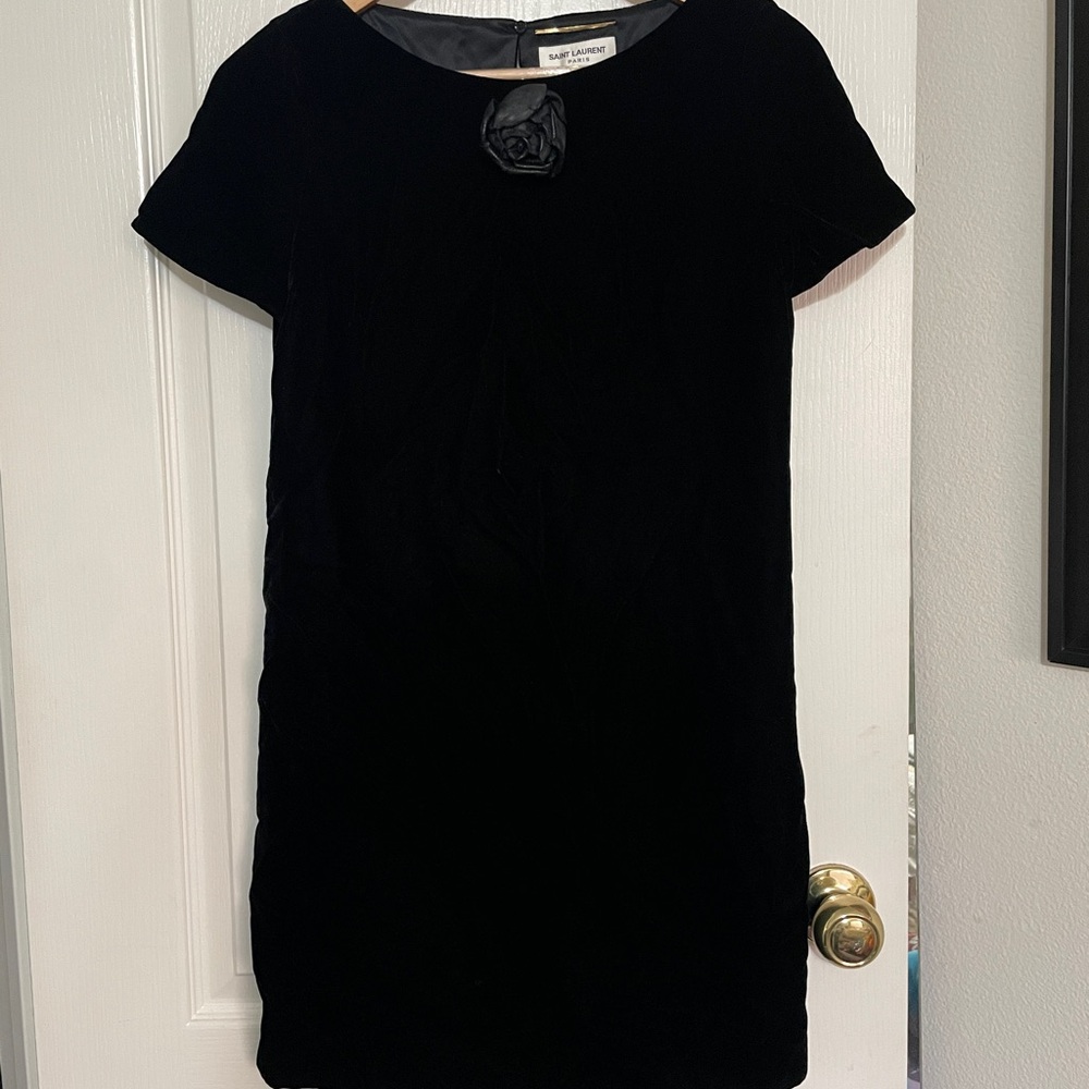 Saint Laurent Paris black velvet mini dress with rose detail